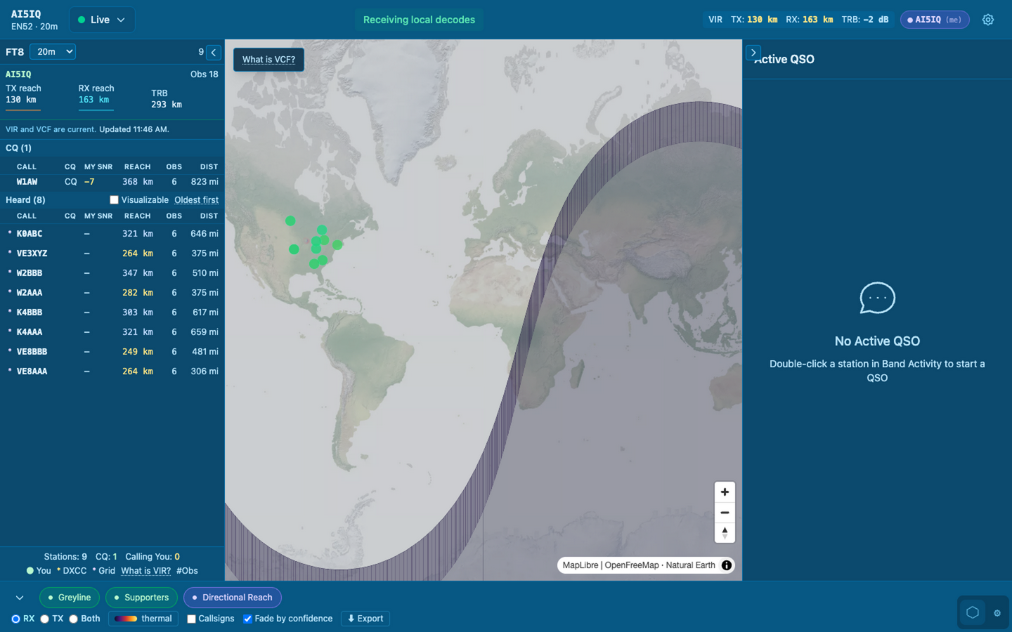 IonVector desktop application showing public FT8 station activity, station rows, and map evidence.